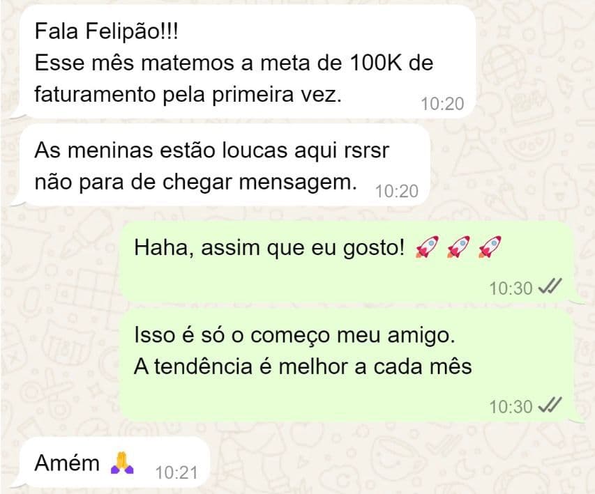 Print de cliente no WhatsApp comemorando a meta de R$100 mil batida