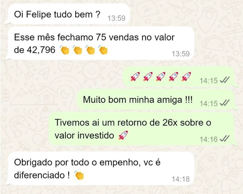 Print de cliente no WhatsApp comemorando as vendas do mês